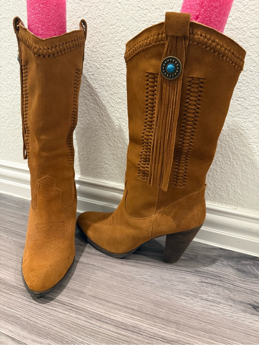 Reba Tan Suede Fringe Western Mid-Calf Heeled Boots